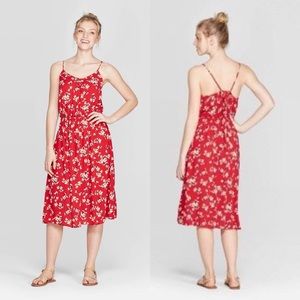 Red Floral Print V-Neck Strappy Lace-Up Midi Dress